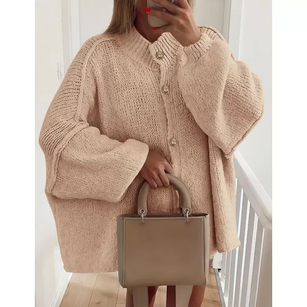 PRETTYGARDEN Womens Winter Button Down Cardigan Sweaters Mock Neck Lantern Long Sleeve Chunky Knit Jacket Trendy OuterwearApricot