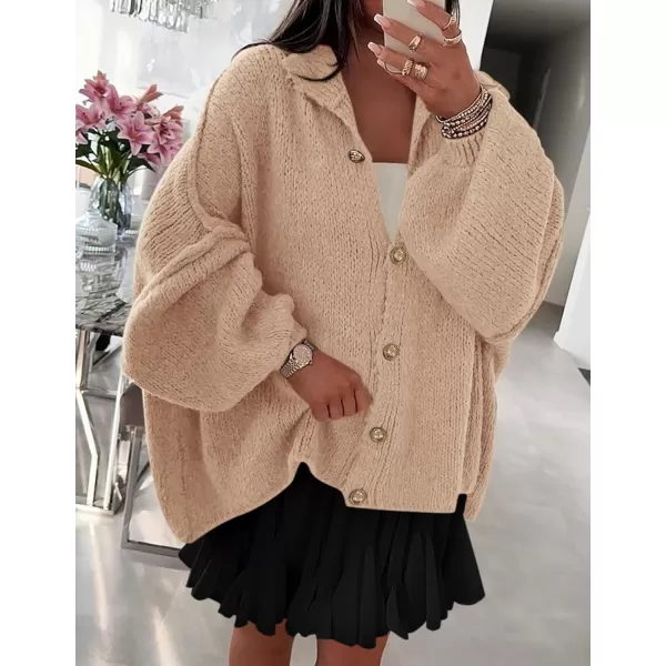 PRETTYGARDEN Womens Winter Button Down Cardigan Sweaters Mock Neck Lantern Long Sleeve Chunky Knit Jacket Trendy OuterwearApricot