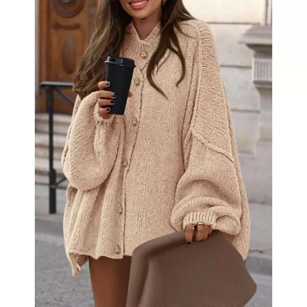PRETTYGARDEN Womens Winter Button Down Cardigan Sweaters Mock Neck Lantern Long Sleeve Chunky Knit Jacket Trendy OuterwearApricot