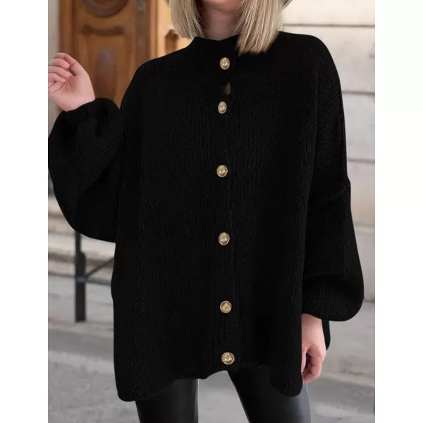 PRETTYGARDEN Womens Winter Button Down Cardigan Sweaters Mock Neck Lantern Long Sleeve Chunky Knit Jacket Trendy OuterwearBlack