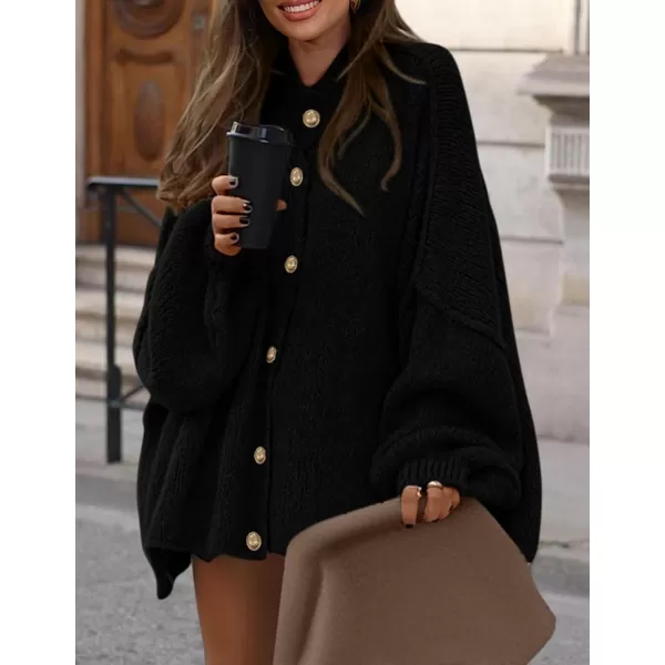 PRETTYGARDEN Womens Winter Button Down Cardigan Sweaters Mock Neck Lantern Long Sleeve Chunky Knit Jacket Trendy OuterwearBlack