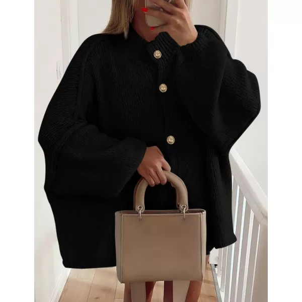 PRETTYGARDEN Womens Winter Button Down Cardigan Sweaters Mock Neck Lantern Long Sleeve Chunky Knit Jacket Trendy OuterwearBlack