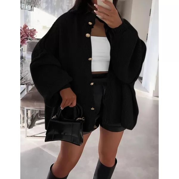 PRETTYGARDEN Womens Winter Button Down Cardigan Sweaters Mock Neck Lantern Long Sleeve Chunky Knit Jacket Trendy OuterwearBlack