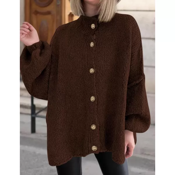 PRETTYGARDEN Womens Winter Button Down Cardigan Sweaters Mock Neck Lantern Long Sleeve Chunky Knit Jacket Trendy OuterwearBrown