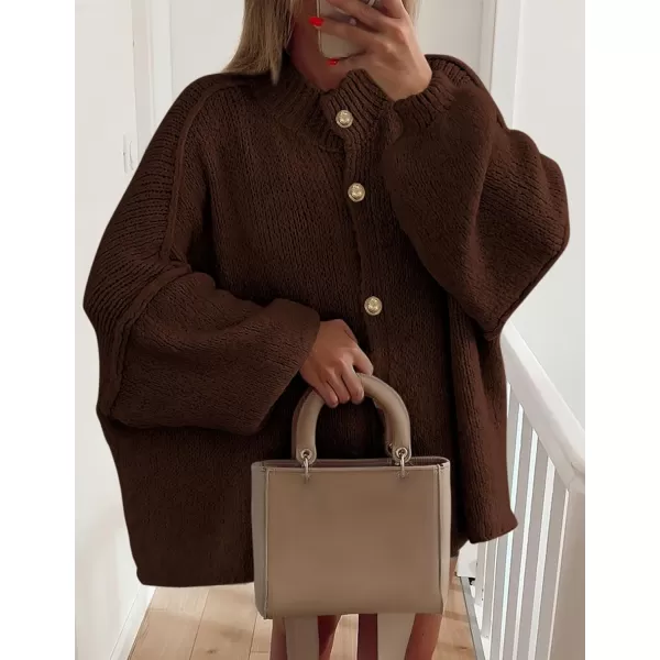 PRETTYGARDEN Womens Winter Button Down Cardigan Sweaters Mock Neck Lantern Long Sleeve Chunky Knit Jacket Trendy OuterwearBrown