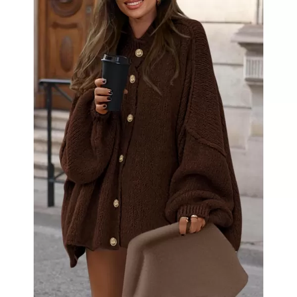 PRETTYGARDEN Womens Winter Button Down Cardigan Sweaters Mock Neck Lantern Long Sleeve Chunky Knit Jacket Trendy OuterwearBrown