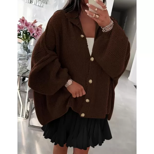 PRETTYGARDEN Womens Winter Button Down Cardigan Sweaters Mock Neck Lantern Long Sleeve Chunky Knit Jacket Trendy OuterwearBrown