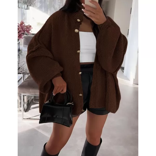 PRETTYGARDEN Womens Winter Button Down Cardigan Sweaters Mock Neck Lantern Long Sleeve Chunky Knit Jacket Trendy OuterwearBrown