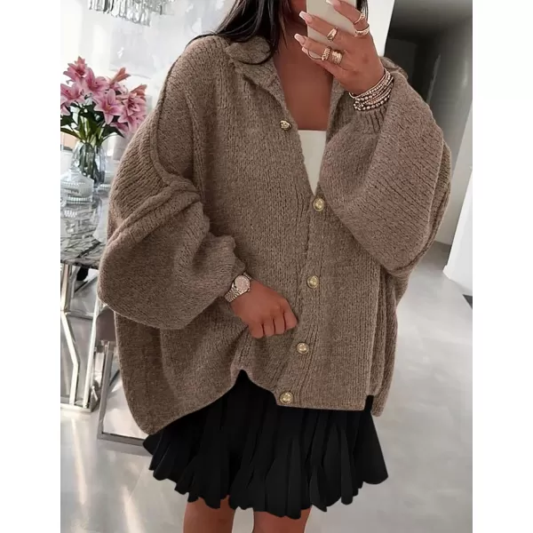 PRETTYGARDEN Womens Winter Button Down Cardigan Sweaters Mock Neck Lantern Long Sleeve Chunky Knit Jacket Trendy OuterwearCamel