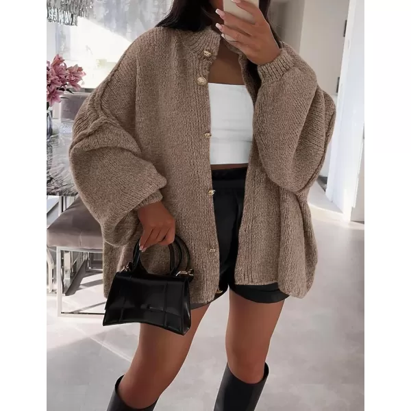 PRETTYGARDEN Womens Winter Button Down Cardigan Sweaters Mock Neck Lantern Long Sleeve Chunky Knit Jacket Trendy OuterwearCamel
