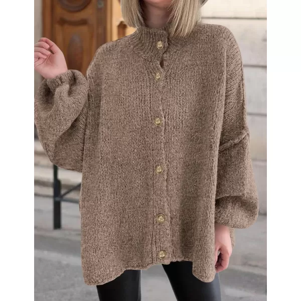 PRETTYGARDEN Womens Winter Button Down Cardigan Sweaters Mock Neck Lantern Long Sleeve Chunky Knit Jacket Trendy OuterwearCamel