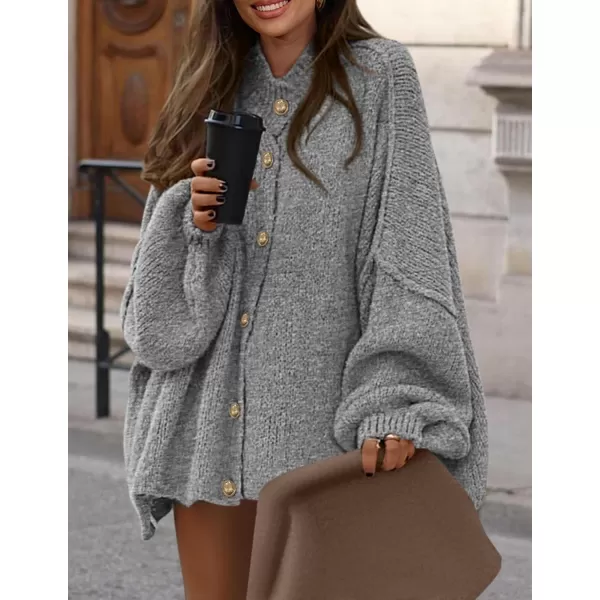 PRETTYGARDEN Womens Winter Button Down Cardigan Sweaters Mock Neck Lantern Long Sleeve Chunky Knit Jacket Trendy OuterwearGrey