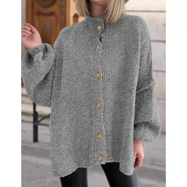 PRETTYGARDEN Womens Winter Button Down Cardigan Sweaters Mock Neck Lantern Long Sleeve Chunky Knit Jacket Trendy OuterwearGrey