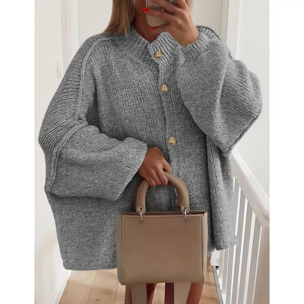 PRETTYGARDEN Womens Winter Button Down Cardigan Sweaters Mock Neck Lantern Long Sleeve Chunky Knit Jacket Trendy OuterwearGrey