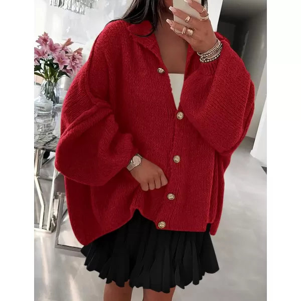 PRETTYGARDEN Womens Winter Button Down Cardigan Sweaters Mock Neck Lantern Long Sleeve Chunky Knit Jacket Trendy OuterwearJujube Red