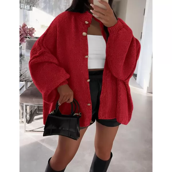 PRETTYGARDEN Womens Winter Button Down Cardigan Sweaters Mock Neck Lantern Long Sleeve Chunky Knit Jacket Trendy OuterwearJujube Red
