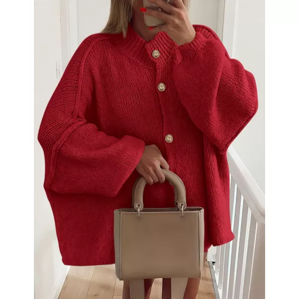 PRETTYGARDEN Womens Winter Button Down Cardigan Sweaters Mock Neck Lantern Long Sleeve Chunky Knit Jacket Trendy OuterwearJujube Red
