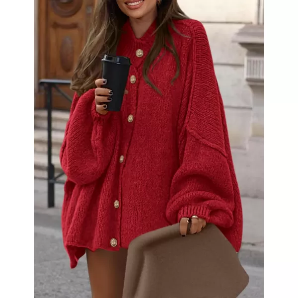 PRETTYGARDEN Womens Winter Button Down Cardigan Sweaters Mock Neck Lantern Long Sleeve Chunky Knit Jacket Trendy OuterwearJujube Red