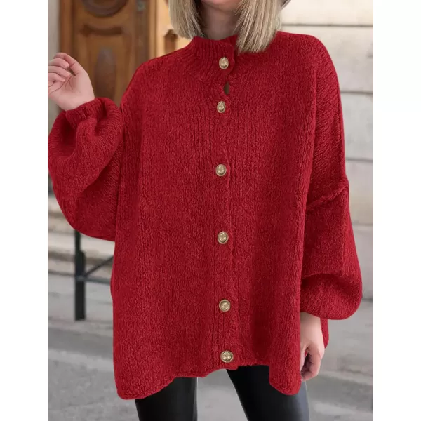 PRETTYGARDEN Womens Winter Button Down Cardigan Sweaters Mock Neck Lantern Long Sleeve Chunky Knit Jacket Trendy OuterwearJujube Red