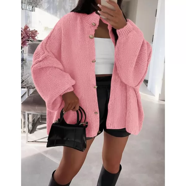 PRETTYGARDEN Womens Winter Button Down Cardigan Sweaters Mock Neck Lantern Long Sleeve Chunky Knit Jacket Trendy OuterwearPink