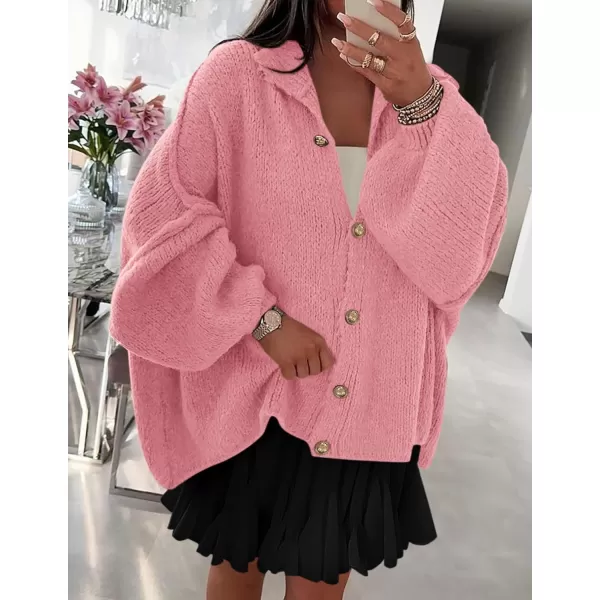 PRETTYGARDEN Womens Winter Button Down Cardigan Sweaters Mock Neck Lantern Long Sleeve Chunky Knit Jacket Trendy OuterwearPink