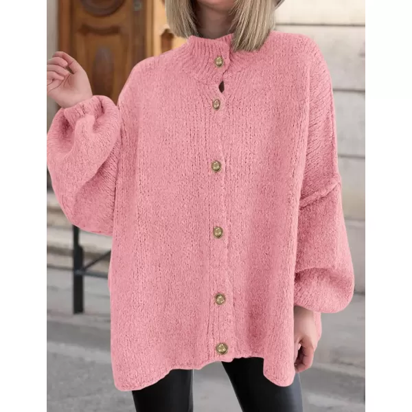 PRETTYGARDEN Womens Winter Button Down Cardigan Sweaters Mock Neck Lantern Long Sleeve Chunky Knit Jacket Trendy OuterwearPink