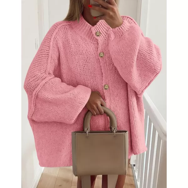 PRETTYGARDEN Womens Winter Button Down Cardigan Sweaters Mock Neck Lantern Long Sleeve Chunky Knit Jacket Trendy OuterwearPink
