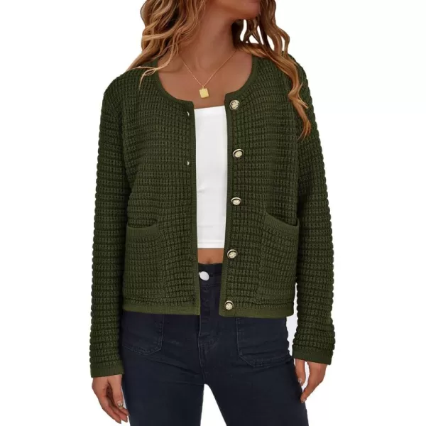 PRETTYGARDEN Open Front Cardigan Sweaters for Women Button Down Long Sleeve Casual Cute Knitted Shirts with PocketsArmy Green