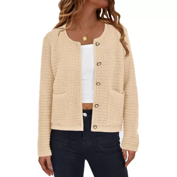 PRETTYGARDEN Open Front Cardigan Sweaters for Women Button Down Long Sleeve Casual Cute Knitted Shirts with PocketsBeige