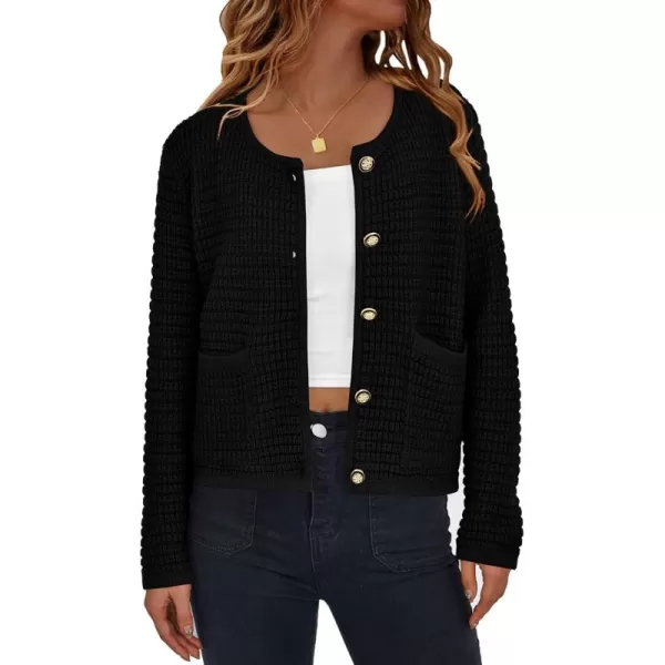 PRETTYGARDEN Open Front Cardigan Sweaters for Women Button Down Long Sleeve Casual Cute Knitted Shirts with PocketsBlack