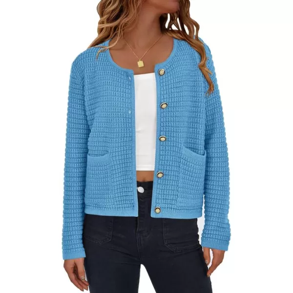 PRETTYGARDEN Open Front Cardigan Sweaters for Women Button Down Long Sleeve Casual Cute Knitted Shirts with PocketsBlue