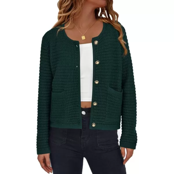PRETTYGARDEN Open Front Cardigan Sweaters for Women Button Down Long Sleeve Casual Cute Knitted Shirts with PocketsDark Green