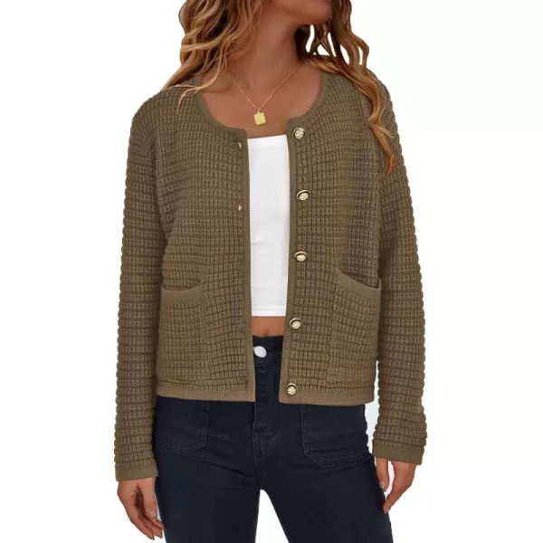 PRETTYGARDEN Open Front Cardigan Sweaters for Women Button Down Long Sleeve Casual Cute Knitted Shirts with PocketsDark Khaki