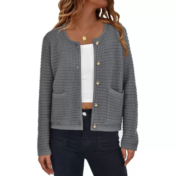 PRETTYGARDEN Open Front Cardigan Sweaters for Women Button Down Long Sleeve Casual Cute Knitted Shirts with PocketsGrey