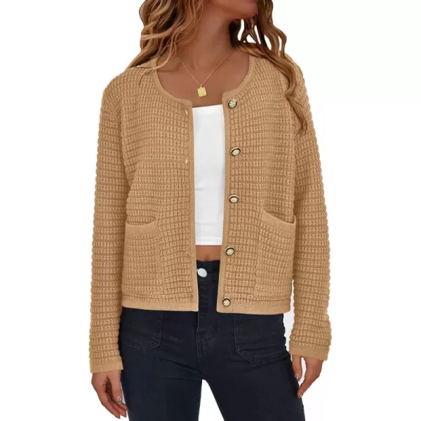 PRETTYGARDEN Open Front Cardigan Sweaters for Women Button Down Long Sleeve Casual Cute Knitted Shirts with PocketsKhaki