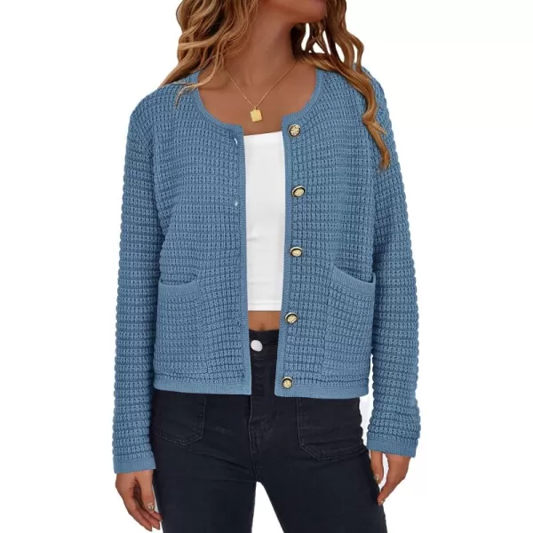 PRETTYGARDEN Open Front Cardigan Sweaters for Women Button Down Long Sleeve Casual Cute Knitted Shirts with PocketsMist Blue