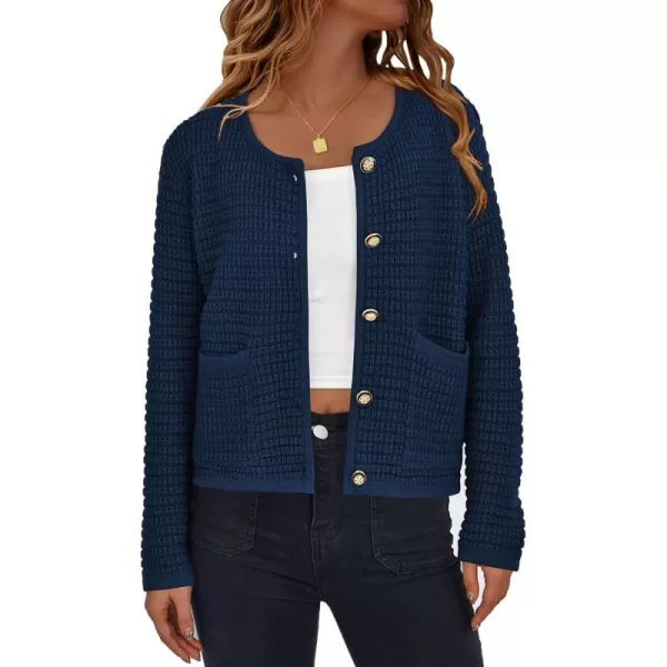 PRETTYGARDEN Open Front Cardigan Sweaters for Women Button Down Long Sleeve Casual Cute Knitted Shirts with PocketsNavy