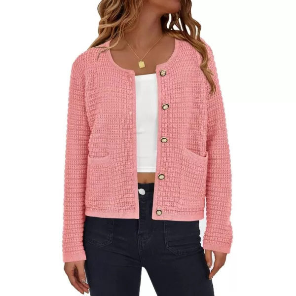 PRETTYGARDEN Open Front Cardigan Sweaters for Women Button Down Long Sleeve Casual Cute Knitted Shirts with PocketsPink
