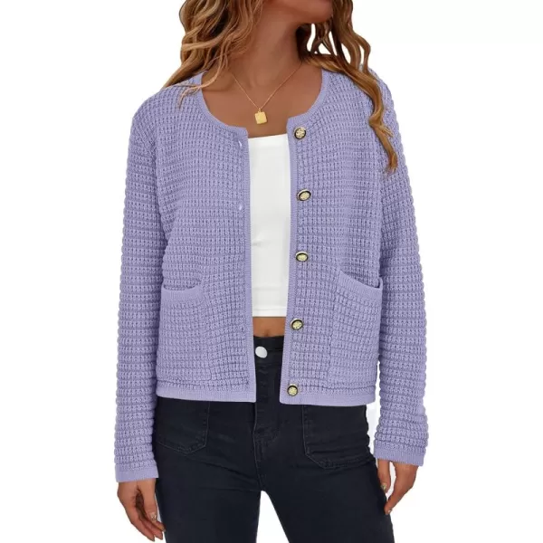 PRETTYGARDEN Open Front Cardigan Sweaters for Women Button Down Long Sleeve Casual Cute Knitted Shirts with PocketsPurple