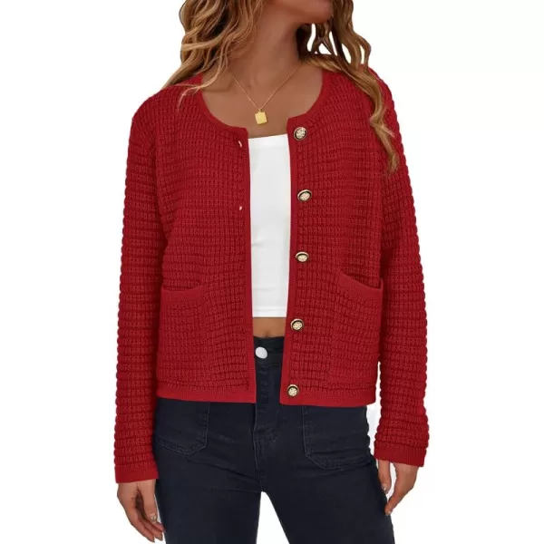 PRETTYGARDEN Open Front Cardigan Sweaters for Women Button Down Long Sleeve Casual Cute Knitted Shirts with PocketsRed