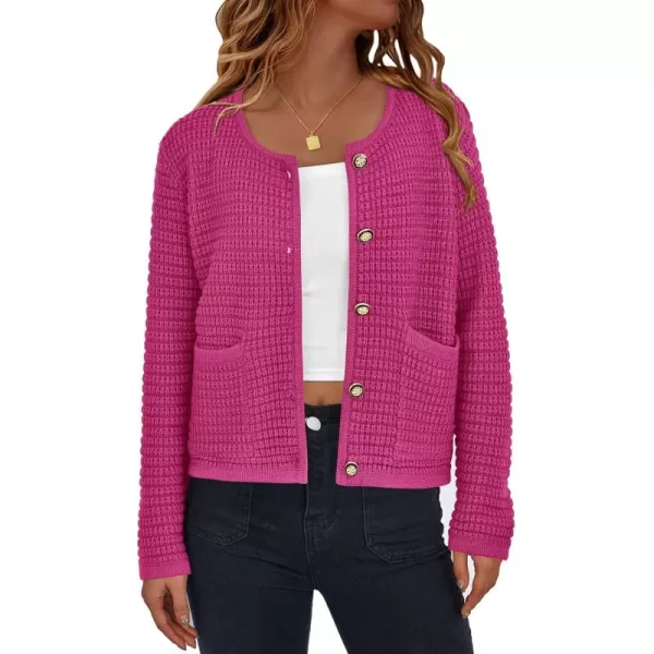 PRETTYGARDEN Open Front Cardigan Sweaters for Women Button Down Long Sleeve Casual Cute Knitted Shirts with PocketsRose Red