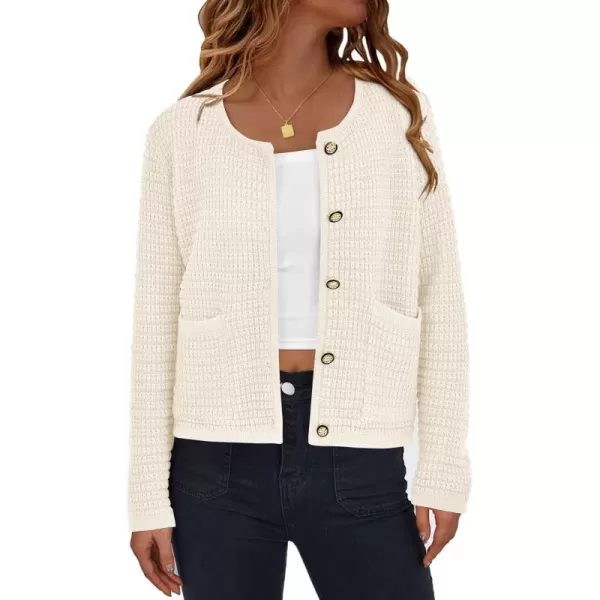 PRETTYGARDEN Open Front Cardigan Sweaters for Women Button Down Long Sleeve Casual Cute Knitted Shirts with PocketsWhite