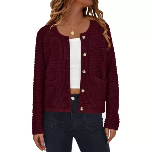 PRETTYGARDEN Open Front Cardigan Sweaters for Women Button Down Long Sleeve Casual Cute Knitted Shirts with PocketsWine Red
