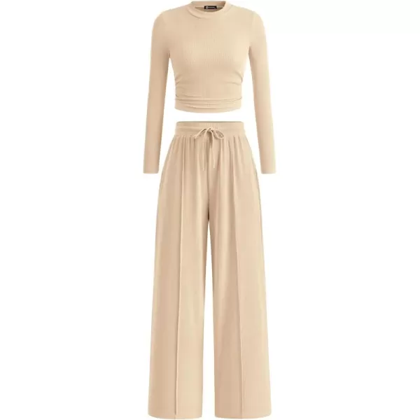PRETTYGARDEN Womens 2 Piece Loungewear Long Sleeve Crop Top Wide Leg Palazzo Pants Set Tracksuits Casual OutfitBeige