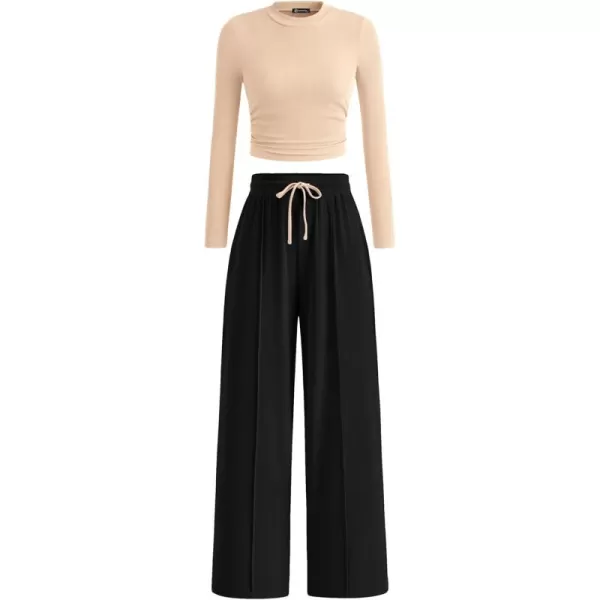 PRETTYGARDEN Womens 2 Piece Loungewear Long Sleeve Crop Top Wide Leg Palazzo Pants Set Tracksuits Casual OutfitBeige Black