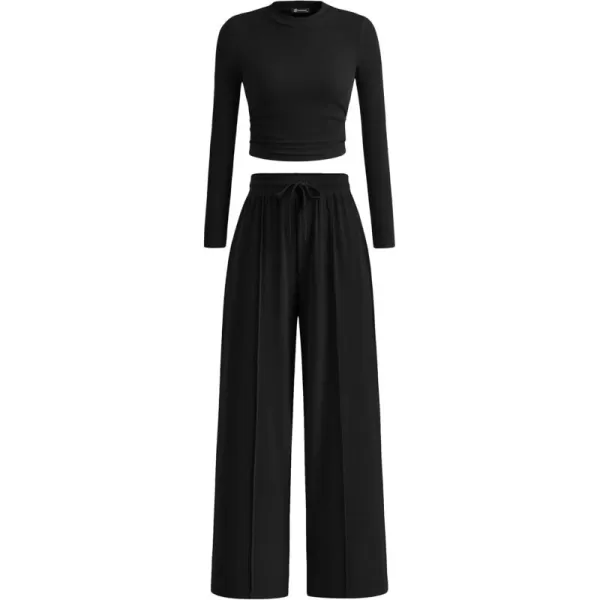 PRETTYGARDEN Womens 2 Piece Loungewear Long Sleeve Crop Top Wide Leg Palazzo Pants Set Tracksuits Casual OutfitBlack