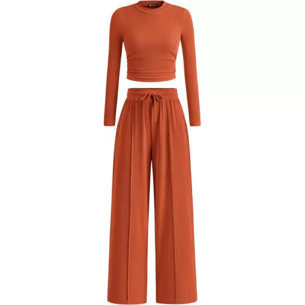 PRETTYGARDEN Womens 2 Piece Loungewear Long Sleeve Crop Top Wide Leg Palazzo Pants Set Tracksuits Casual OutfitBrick Red