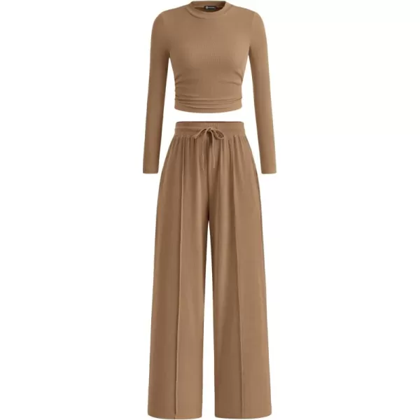 PRETTYGARDEN Womens 2 Piece Loungewear Long Sleeve Crop Top Wide Leg Palazzo Pants Set Tracksuits Casual OutfitCamel