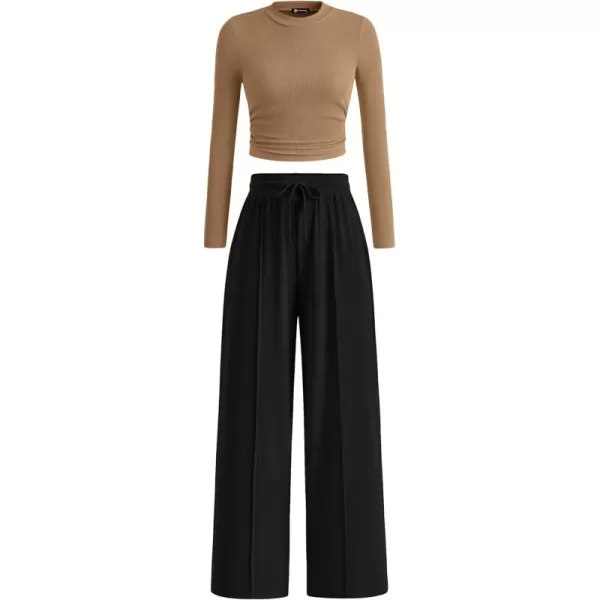 PRETTYGARDEN Womens 2 Piece Loungewear Long Sleeve Crop Top Wide Leg Palazzo Pants Set Tracksuits Casual OutfitCamel Black