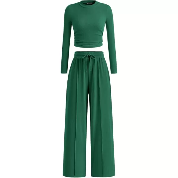 PRETTYGARDEN Womens 2 Piece Loungewear Long Sleeve Crop Top Wide Leg Palazzo Pants Set Tracksuits Casual OutfitGreen